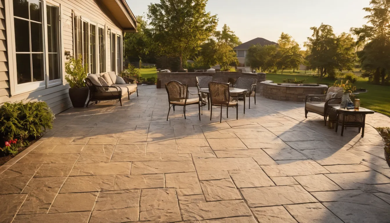 A stamped concrete patio behind a home in St. Michael